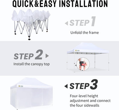 CROWN SHADES 10x15 Pop Up Canopy Tent, Thicken Frame Commercial Heavy Duty Tent, 4 Sidewalls 8 Stakes & 4 Sandbags & 4 Ropes, Outdoor Canopies for Events, Parties,White