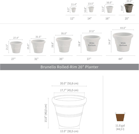 Crescent Garden Brunello Classic Rolled Rim Planter Pot, Indoor/Outdoor Plastic Round Plant Pot - Decorative Flower Pot - 20'' (Parchment)