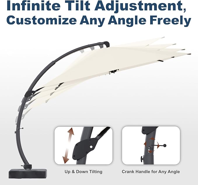 12FT Cantilever Umbrella with Base Large Curvy Outdoor Aluminum Offset Umbrella w/ 360° Rotation, UV Resistant Canopy for Patio, Garden, Backyard, Creamy White