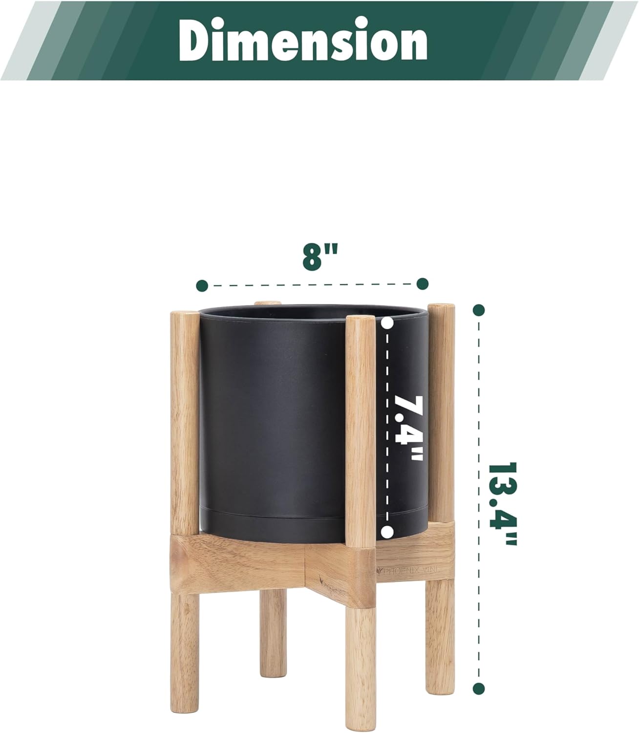 D'vine Dev Planter Pot with Stand - 8 Inch Plastic Cylinder Flower Pot with Wood Planter Holder for Indoor, Matte Black Pot + Natural Stand, 55-C-J-2