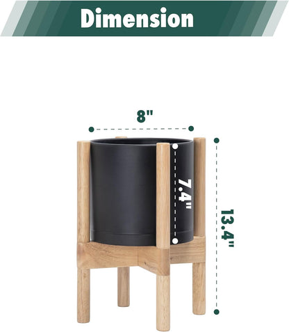 D'vine Dev Planter Pot with Stand - 8 Inch Plastic Cylinder Flower Pot with Wood Planter Holder for Indoor, Matte Black Pot + Natural Stand, 55-C-J-2