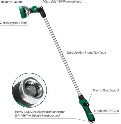Watering Wand for Garden Hose, 30 Inch, 10 Spray Patterns, Thumb Control Garden Hose Nozzle, Adjustable Water Sprayer with Pivoting Head, Ideal for Hanging Baskets, Plants, and Shrubs, Green