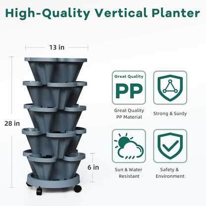 Strawberry Vertical Planters, 5 Tiered Stacking Tower Garden, Stackable Herb Vegetable Planters with Movable Casters and Bottom Saucer Indoor and Outdoor - Dark Grey