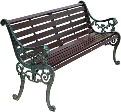 Outdoor Solid Wood Garden Park Bench for 2-3 People, Weatherproof Patio Lawn Bench Porch Seat with Cast Iron Frame, Porch/Deck/Patio Furniture Bench with Backrest and Armrests(Brown+Antique Green Legs