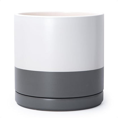 D'vine Dev 12 Inch Ceramic Planter Pot with Drainage Hole and Saucer, Indoor Cylinder Round Planter Pot, White/Speckled Grey, 94-O-F-6