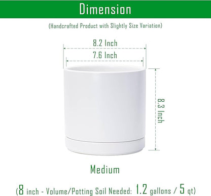 D'vine Dev Set of 2 Plants Pots, 8.2 Inch Ceramic Planter Pot for Plants with Drainage Hole and Saucer, White, 94-V-D-1