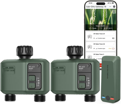 WiFi Water Timer 2 Zone for Garden Hose, 2 Pc Smart Sprinkler Timer with 984ft RF Range, Smart Lawn Watering System Irrigation Controller, APP/Voice Control, Rain Delay, Automatic/Manual Irrigation