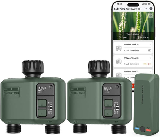 WiFi Water Timer 2 Zone for Garden Hose, 2 Pc Smart Sprinkler Timer with 984ft RF Range, Smart Lawn Watering System Irrigation Controller, APP/Voice Control, Rain Delay, Automatic/Manual Irrigation