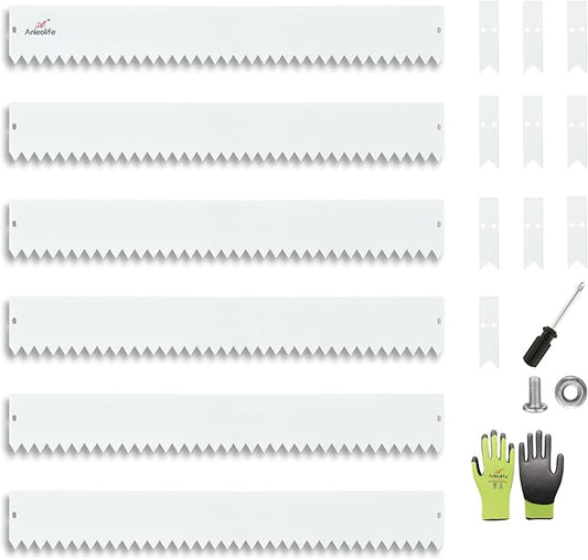 A ANLEOLIFE 6 Pack 40" LX 6" H Galvanized Steel Garden Landscape Edging, Bendable Hammer-in Metal Lawn Border with Gloves and 10 Stakes (20FT Total) (6 inch Tall, Antique White)