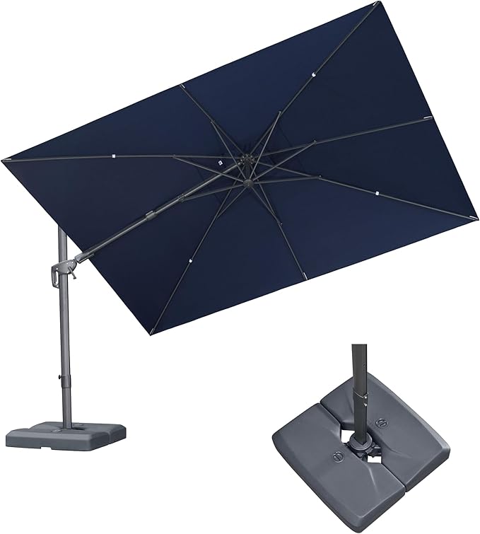PURPLE LEAF 11' X 8' Swivel Outdoor Patio Aluminum Umbrella with Base Left-right Tilting Cantilever Offset Umbrella with UV Resistant Heavy Duty Fabric for Deck Pool Patio Backyard, Ocean Slate