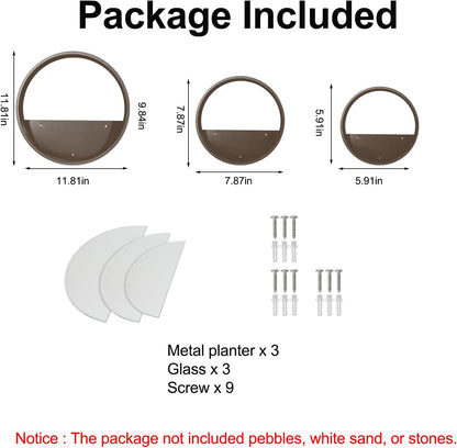 3 Pack Set Wall Planters,Modern Round Glass Wall Planter Succulent Planter Circle Iron Hanging Planter Vase for Herb,Small Cactus Perfect for Balcony, Room and Patio Decor (Coffee)