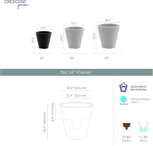 Crescent Garden Dot TruDrop Indoor/Outdoor Planter, Self-Watering Modern Plant Pot, 16 Inches, (Ash)
