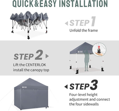 CROWN SHADES Pop Up Canopy Tent, 8x8 Commercial Canopy Tent with 4 Sidewalls, 4" Wheels, 4 Upgraded Weights, Patented Centerlock, 400D Fabric, Sto'N Go Bag, Gray