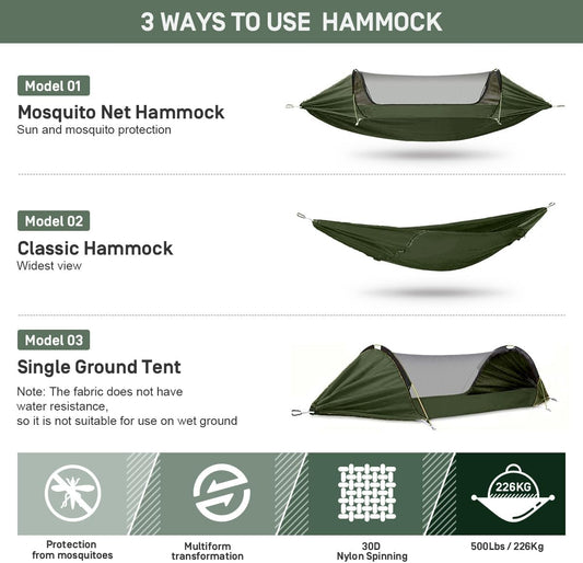 ETROL Camping Hammock with Mosquito Net,3 in 1 Function Parachute Portable Hammock,Double & Single Hammocks Tent for Travel Outdoor Indoor Hiking Patio - with Tree Straps,Carabiners,Aluminium Poles