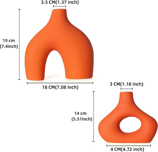 CEMABT Orange Ceramic Vase Set of 2 for Modern Minimalist Bohemian Decor，Round Matte Donut Vases for Pampas Grass-Perfect for Living Room, Dining Table, Office Bedroom Shelf Decor Entryway, Console