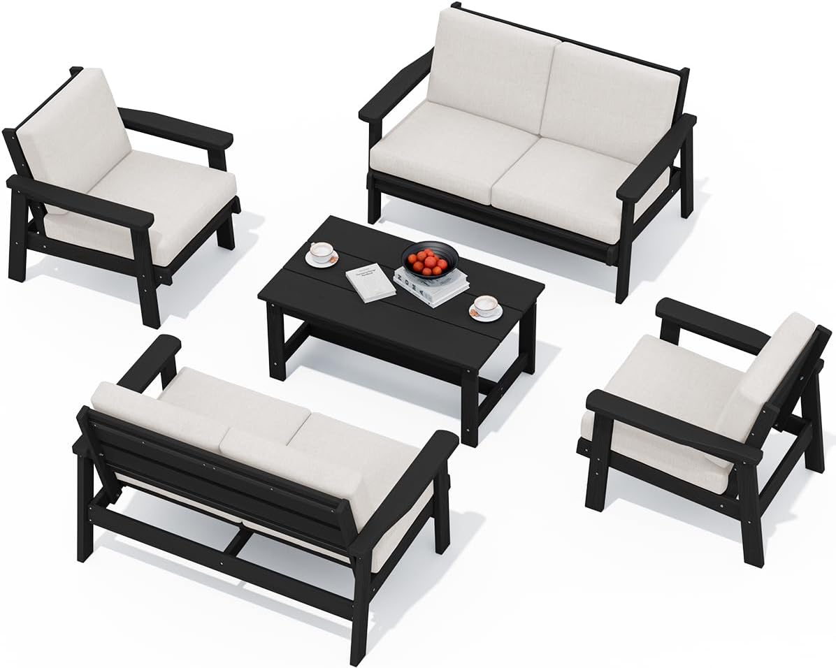 SERWALL HDPE Patio Furniture Set, 5 Piece All Weather Wood-Like Sectional Outdoor Furniture Set, Black Patio Sofa Couch with Khaki Cushions for Deck, Lawn