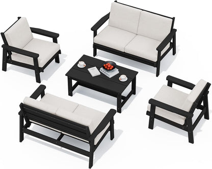 SERWALL HDPE Patio Furniture Set, 5 Piece All Weather Wood-Like Sectional Outdoor Furniture Set, Black Patio Sofa Couch with Khaki Cushions for Deck, Lawn