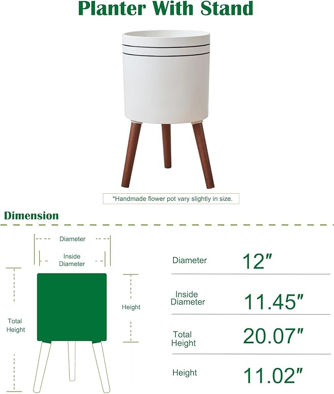 12 Inch Plant Pot with Stand，Planter for Indoor Plant，Flower Pot with Drainage Hole for Outdoor,White and Black