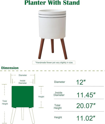 12 Inch Plant Pot with Stand，Planter for Indoor Plant，Flower Pot with Drainage Hole for Outdoor,White and Black
