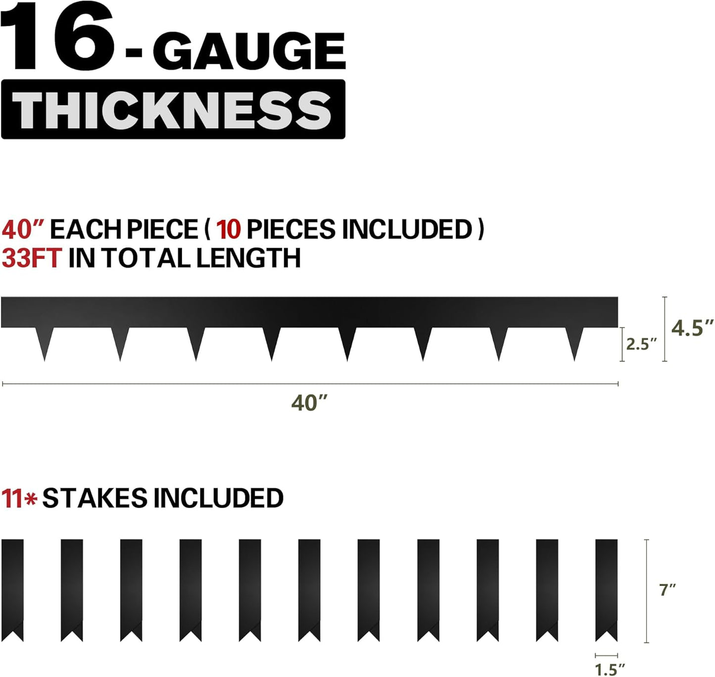 KOL Galvanized Steel Flexible Garden Lawn Edging, 10-Pack Black Metal Landscape Edging Strips - Heavy Duty Hammer-in Border with 11 Clips - 16-Gauge - 40" L x 4.5" H (33FT Total Length)