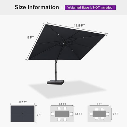 PURPLE LEAF 9' X 11.5' Patio Cantilever Umbrella Outdoor Rectangle Adjustable Offset Umbrellas with 360-degree Rotation and 8 Heavy Duty Metal Ribs for Garden Deck Pool Gray