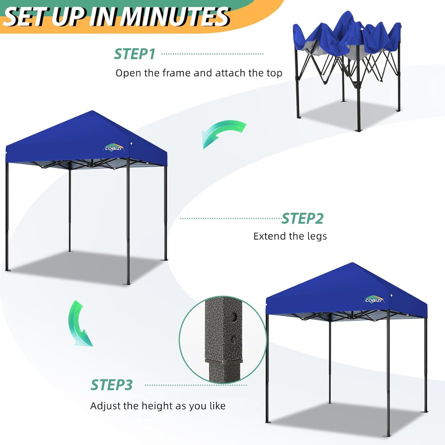 COBIZI 6.6x6.6ft Pop Up Canopy Tent, Heavy Duty Canopy Easy Set up All Weather Waterproof Outdoor Canopy Tent for Parties, Beach, Garden, Camping with 1 Handbag, UPF50+, Deep Blue