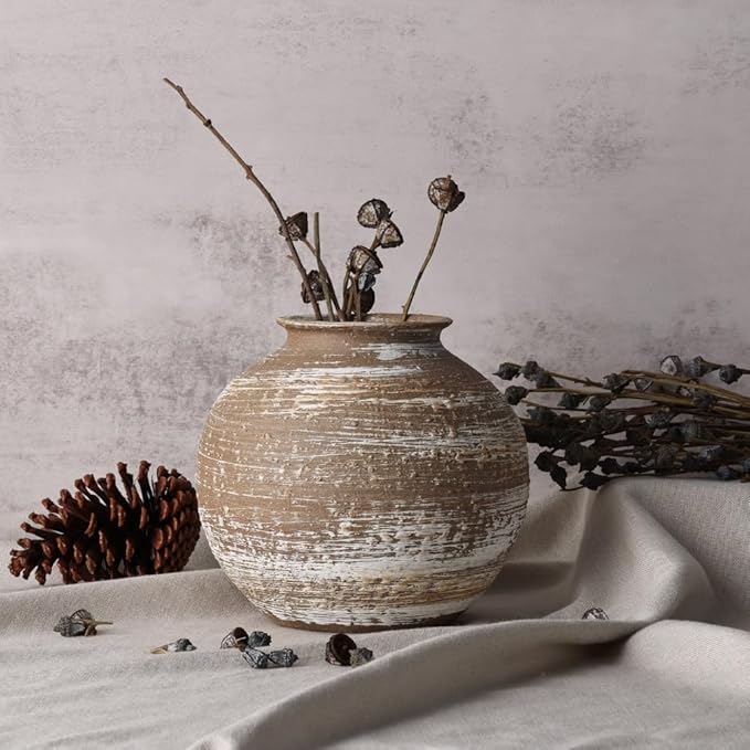 Rustic Terracotta Vase for Farmhouse Decor, Large Round Ceramic Vases for Home Decor, Wide Mouth Brown Clay Jug, Vintage Pottery Vases for Living Room, Kitchen, Table Centerpieces Rustic Home Decor
