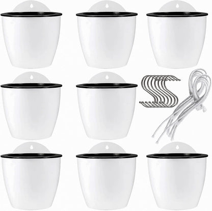 JAPCHET 8 Pack 7 Inch Self Watering Hanging Planters, Wall Hanging Plastic Planter Pot with 8 Hooks, Lazy Flower Pots for Indoor Outdoor Window Wall Plants, White