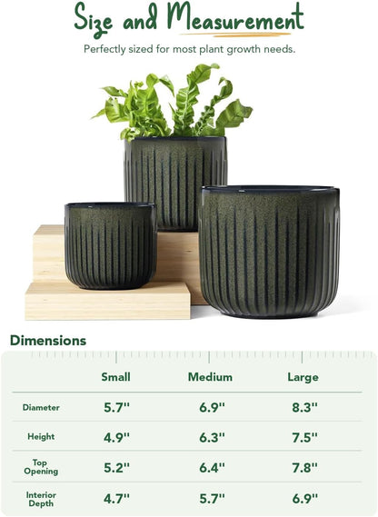 LE TAUCI Fluted Ceramic Planters Set of 3 – 8.3/7 / 5.7 in Dark Olive Reactive Cylinder Indoor Plant Pots with Drainage Plug & Mesh, Glossy Stoneware Flower Pots for Succulents Herbs