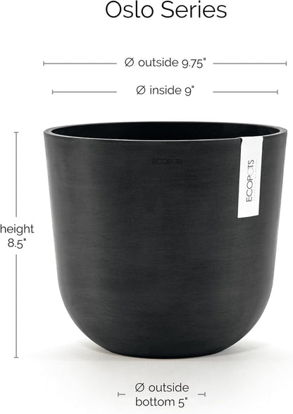 Ecopots Oslo Durable Modern Round Indoor/Outdoor Recycled-Based Composite Flower Pot Planter, Dark Grey, 10"