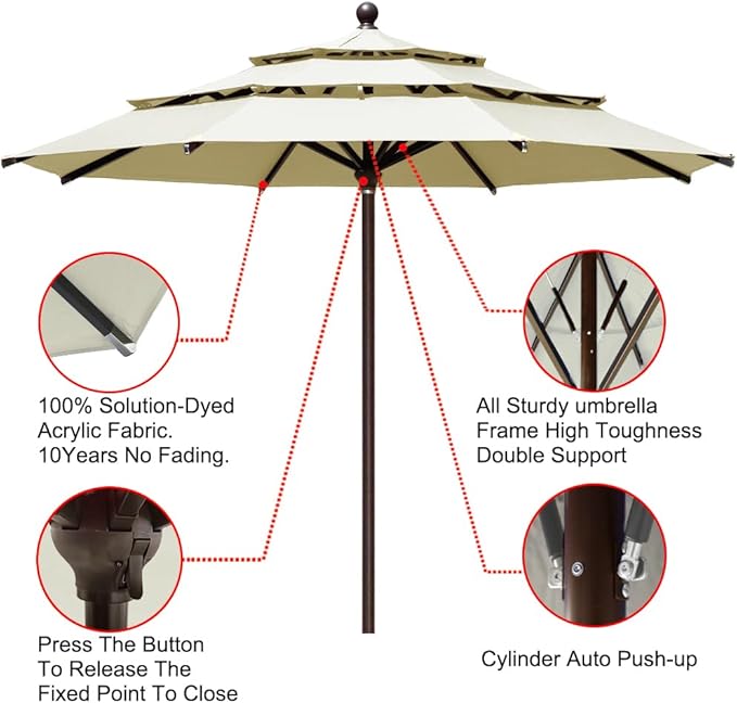 EliteShade USA 10-Year-Non-Fading 11Ft 3 Tiers Market Umbrella Patio Outdoor Cylinder Auto Push-up Table Umbrella with Ventilation, Natural