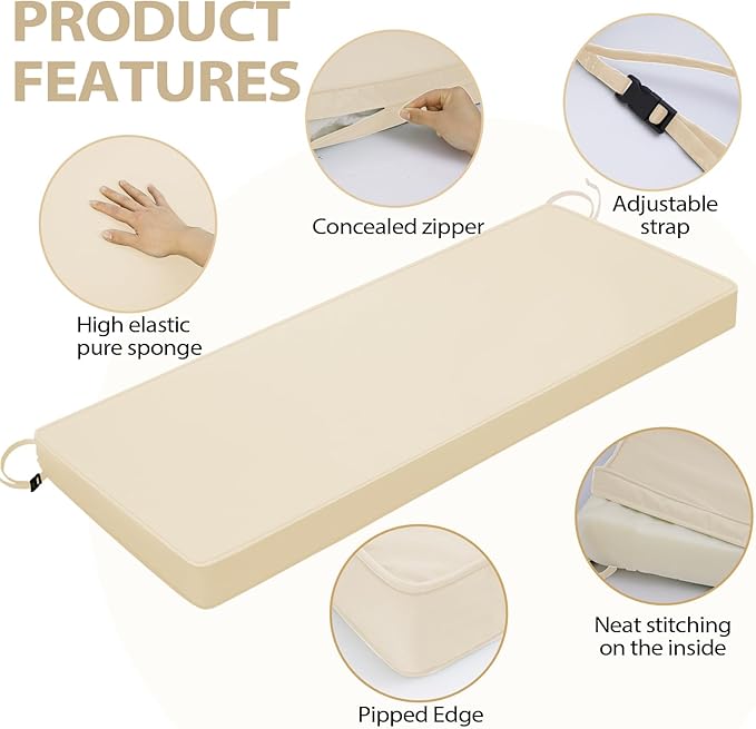 Outdoor Bench Cushion 42 x 18 x 3 Inch with Ties, Thick Waterproof Porch Swing Cushions for Patio Furniture Chair Pad, Seat Sofa Garden Replacement Cushion Sponge Filling