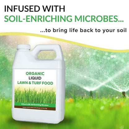 Organic Liquid Lawn & Turf Food - Quickly Rejuvenates Lawn Health and Restores Rich Green Colors to Depleted Grass | Infused with Soil Enriching Microbes (32oz - 2 Pack, Treats Up to 10,000 Sq. Feet)