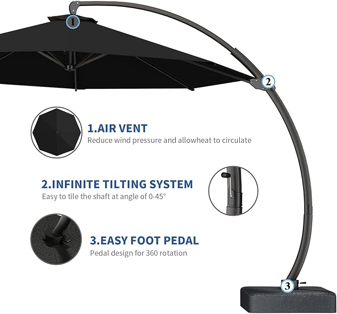 Outdoor Patio Umbrella with Sand Bag Included, 11 FT Deluxe Curvy Cantilever Umbrella Offset Hanging Umbrella with 360° Rotation for Market, Pool, Garden, Backyard, Deck