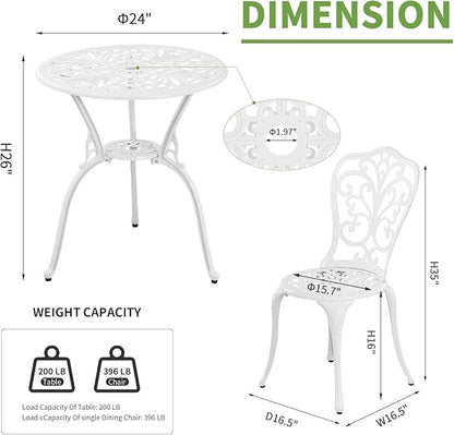 3 Piece Patio Set Outdoor Cast Aluminum Patio Bistro Table and Chairs Set of 2,All Weather Outdoor Bistro Sets with 1.97" Umbrella Hole for Front Porch Set,Garden(White)