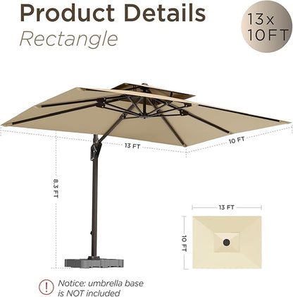 10' X 13' Patio Umbrella Outdoor Large Rectangle Offset Cantilever Umbrellas Double Top Heavy Duty Windproof with 360-degree Rotation for Pool Garden Deck
