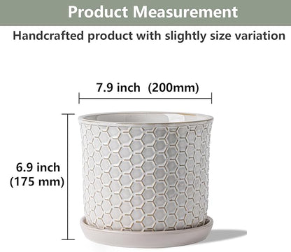 8 Inch Plant Pot: Ceramic Planter with Drainage Hole & Saucer - Flowerpot for Indoor & Outdoor Plants with Separate Tray for Home & Office - Honeycomb Design, Cream White