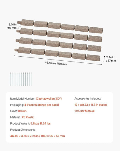 VEVOR Faux Stone Landscape Edging, No Dig Garden Edging Border, Flexible Blocks for Lawn Edging, Flower Beds, Driveway, Yards with 12 Spikes, 4 Pack 24 Bricks 16FT Kit, 46.5" Lx 3.7" W x 2.2" H, Brown