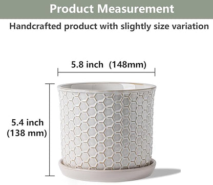 5.8 Inch Plant Pot: Ceramic Planter with Drainage Hole & Saucer - Flowerpot for Indoor & Outdoor Plants with Separate Tray for Home & Office - Honeycomb Design, Cream White