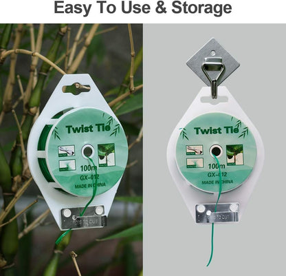 (2 Reels) Garden Wire, Twist Ties Heavy Duty with Cutter 328 Ft Multi-Function Green Coated Tape to Support Plant Tie Up Bags for Home Office (328 Feet / 100 m)