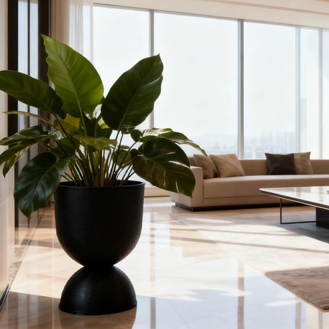 Lookat Modern Hourglass Planter, Indoor Decorative Plastic Plant Container, Textured Metal Look, Contemporary Home Garden Pot (Beige, CUP001)