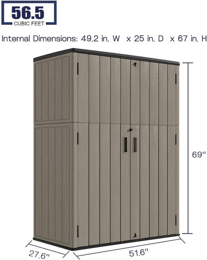 KINYING Outdoor Storage Shed,57 Cu.ft Vertical Outdoor Storage Cabinet Waterproof, Outdoor Resin Tool Shed for Patio Furniture, Garden Tools, Pool Accessories, Lawn Mower(Coffee Color)