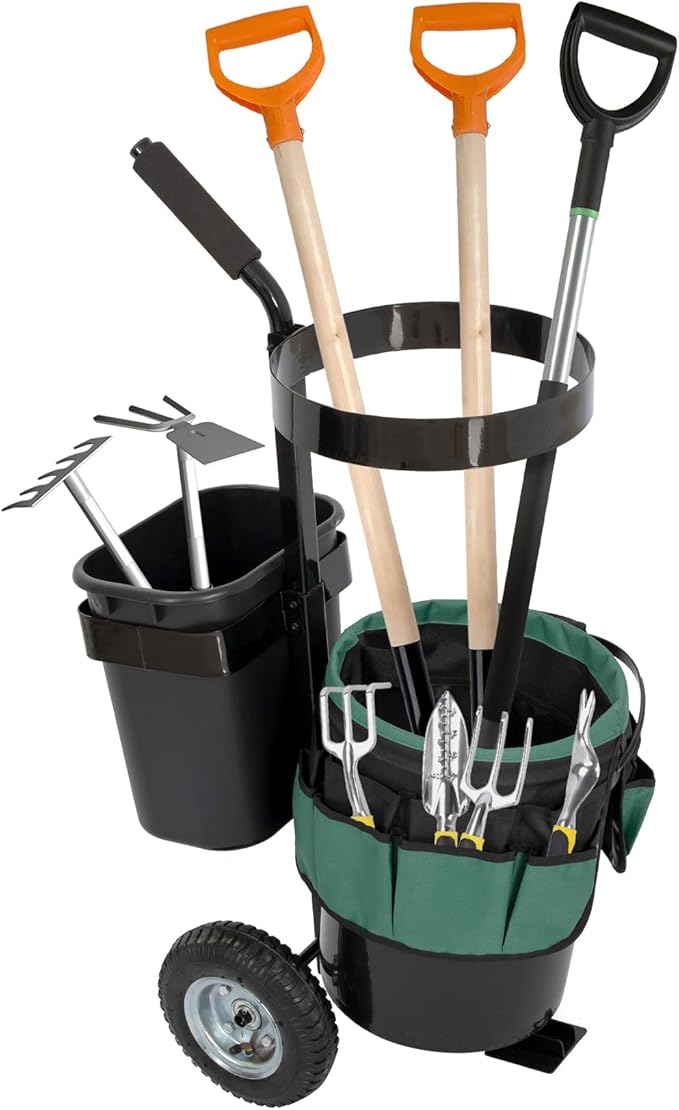 biosp Garden Carts, Heavy Duty Rolling Lawn Yard Mobile Gardening Trolley, Wheeled Outdoor Metal Utility Beach Wagon with 5 Gallon Bucket Oxford Bag Tool Organizer Storage