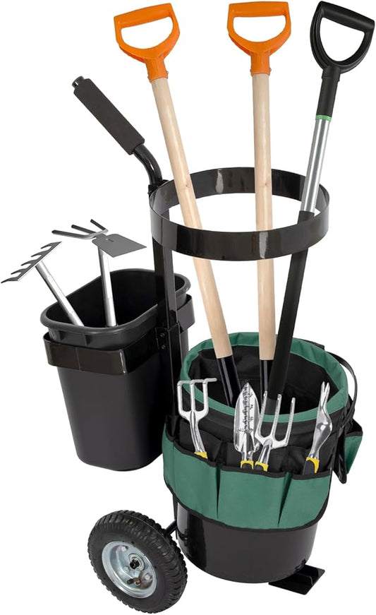 biosp Garden Carts, Heavy Duty Rolling Lawn Yard Mobile Gardening Trolley, Wheeled Outdoor Metal Utility Beach Wagon with 5 Gallon Bucket Oxford Bag Tool Organizer Storage