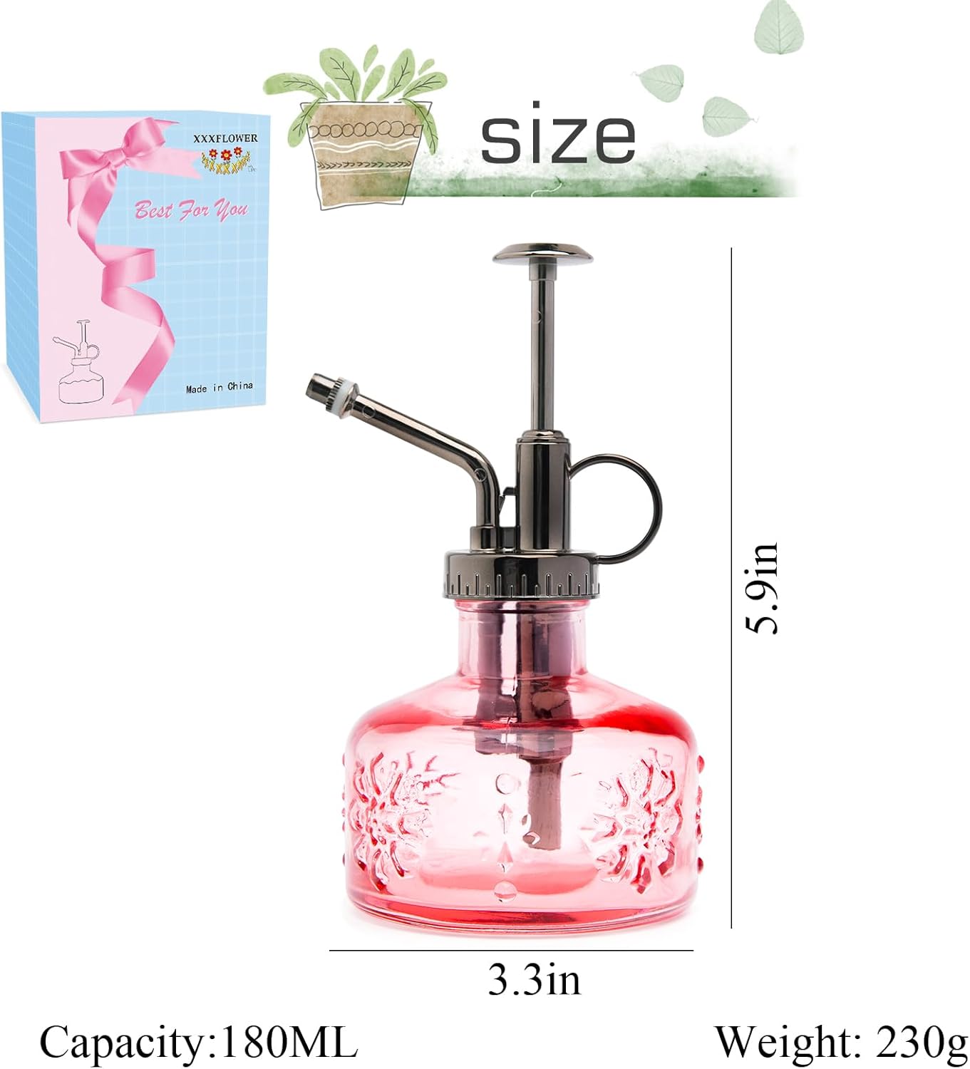 XXXFLOWER Glass Plant Mister Spray Bottle for Indoor Plant Spritzer Succulent Watering Bottle Tall Vintage Style with Bronze Plastic Top Pump