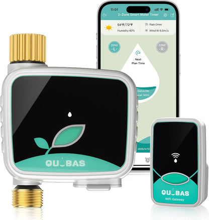 QUOBAS WiFi Sprinkler Timer with Brass Inlet & Outlet, Smart Water Timer for Garden Hose with APP Remote Control, Manual Watering, Rain Delay Watering, for Lawn, Garden