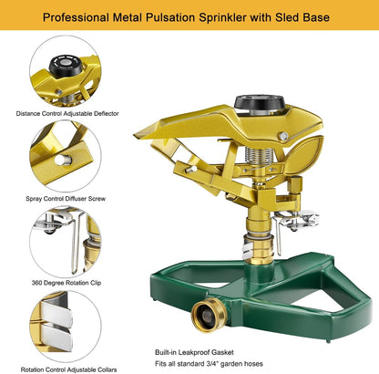 FANHAO Heavy Duty Pulsating Impact Lawn Sprinkler with Metal Base, 100% Metal Adjustable Circular Zinc Impulse Sprinkler for Yard Lawn, 360 Degree Large Area Coverage, Covers Up to 5800 sq. ft