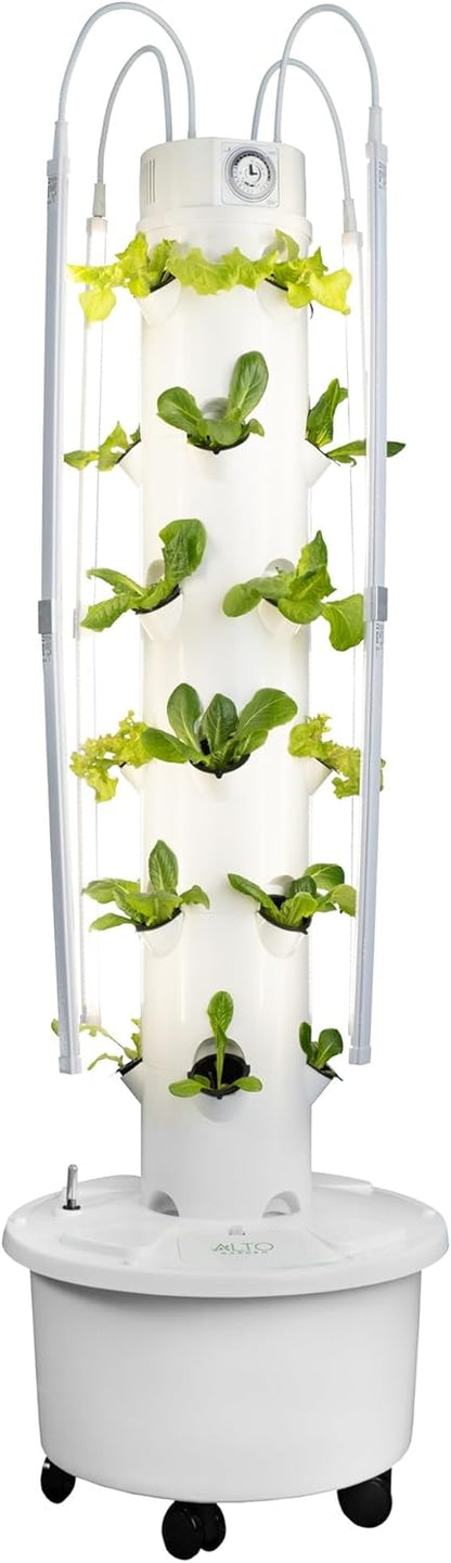 GX Hydroponic Tower | Vertical Planter Tower | Hydroponics Growing System Kit | Food Grade with 24 Net Pots (with LED Grow Lights)
