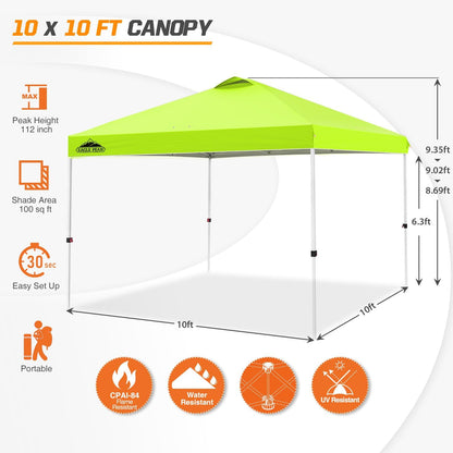 EAGLE PEAK Pop Up Canopy Tent with Wheeled Carry Bag, 8 Stakes, 4 Ropes, 4 Weight Bags, Easy Set Up Tent Canopy, 10x10 ft, 100sqft of Shade, Neon Green