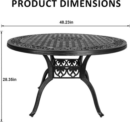 48 Inch Outdoor Dining Table Round Patio Bistro Table Powder-Coated Cast Aluminum Frame Patio Dining Table Garden Table with Umbrella Hole (Black)